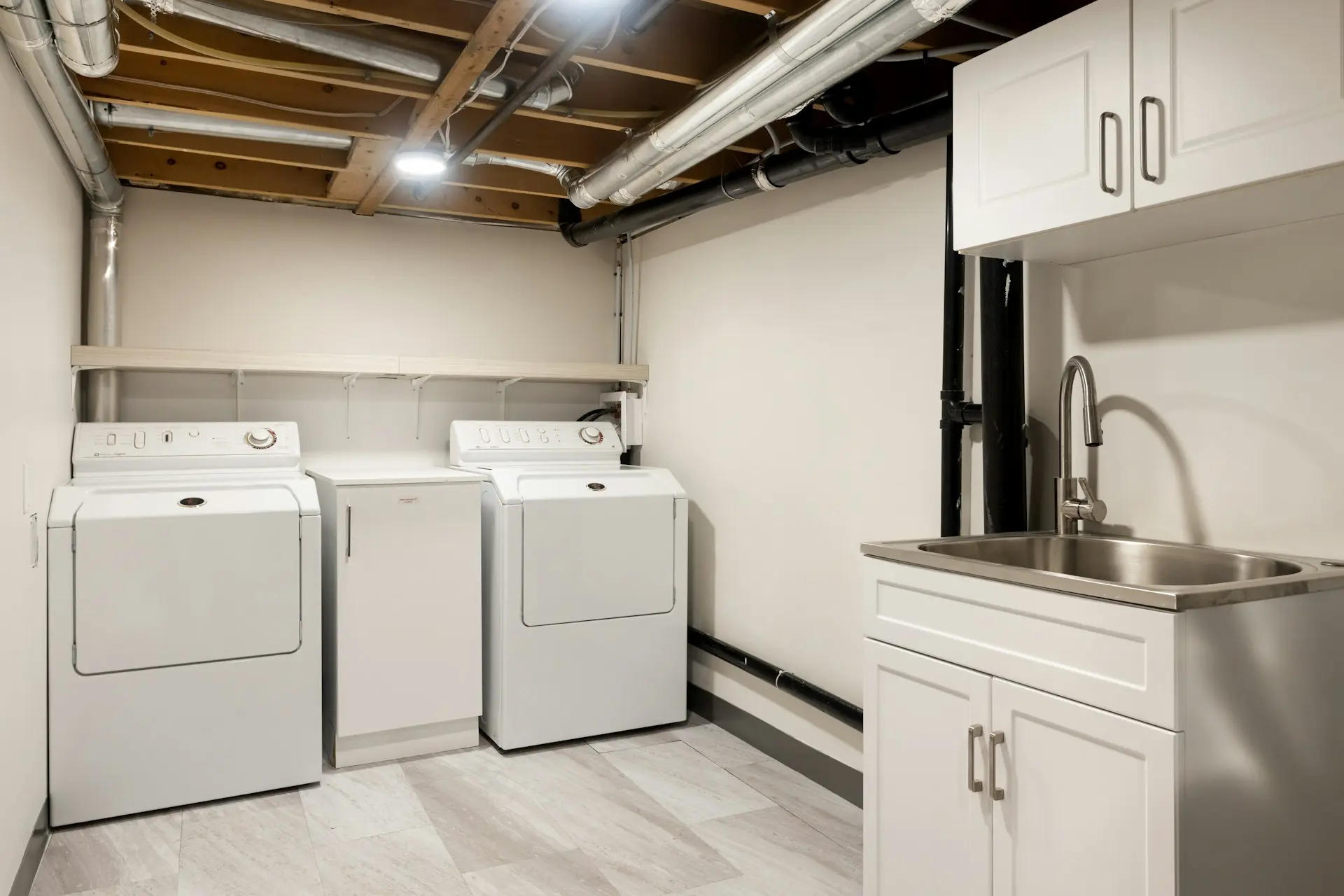 Clean laundry room with appliances and sink